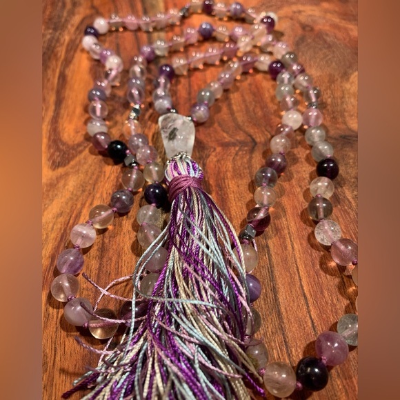 Rainbow Fluorite Silk Hand Knotted Mala With Handmade Silk Tassel